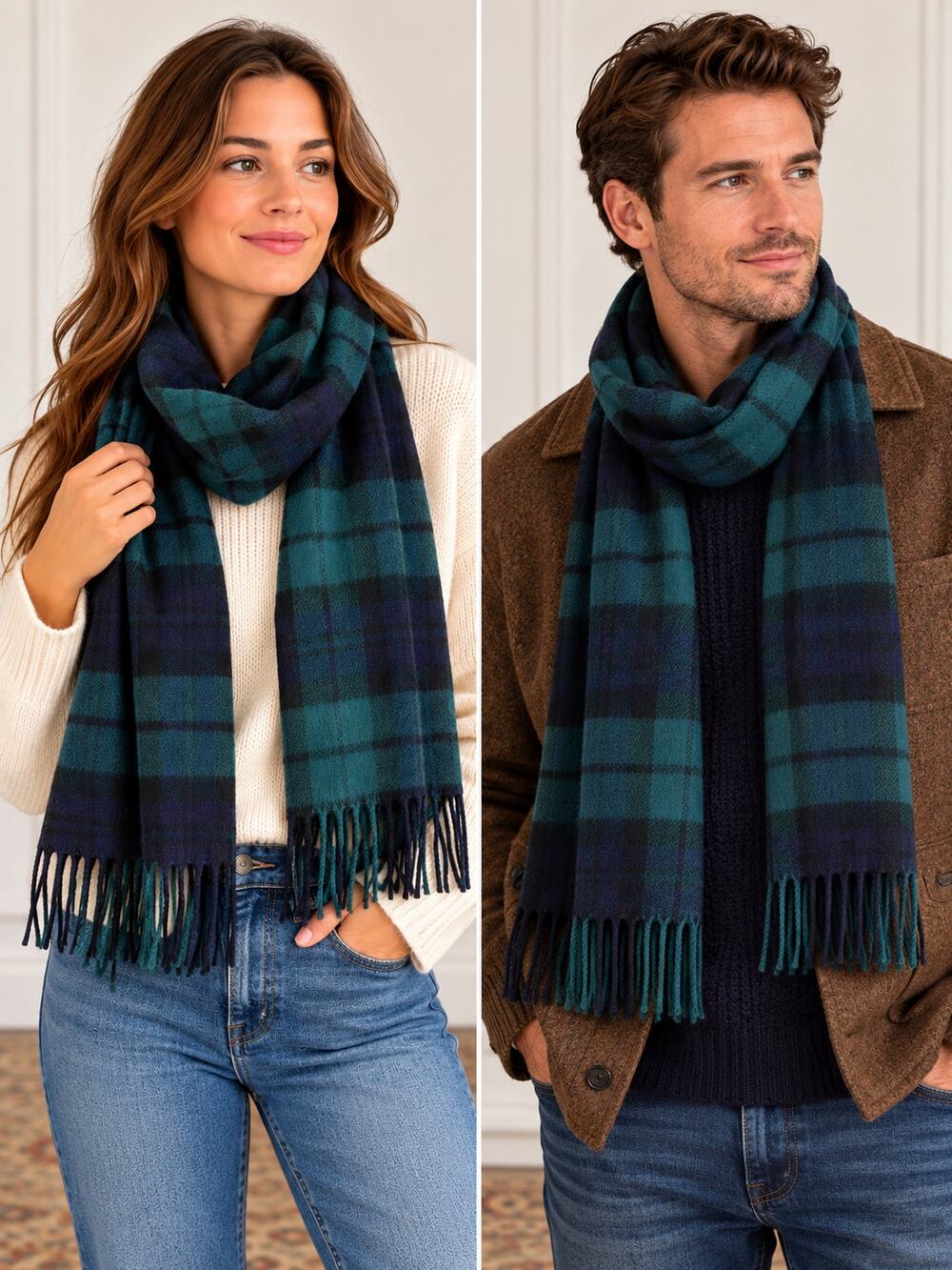 MARCHBRAE Edinburch 100% Cashmere Scarf Green Blue Black Plaid Unisex NWOT